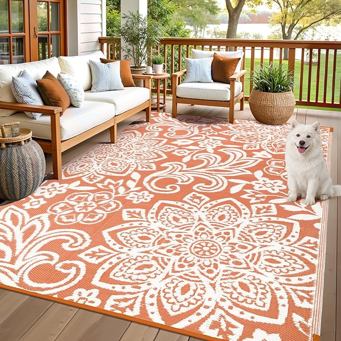 Findosom Waterproof Outdoor Rug 6' x 9' - Reversible Mandala Outdoor Plastic Straw Rug, Durable Foldable Patio Rug for RV, Deck, Balcony, Backyard, Picnic, Porch, Camping, Beach, Orange