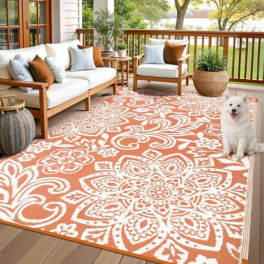 Findosom Waterproof Outdoor Rug 6' x 9' - Reversible Mandala Outdoor Plastic Straw Rug, Durable Foldable Patio Rug for RV, Deck, Balcony, Backyard, Picnic, Porch, Camping, Beach, Orange