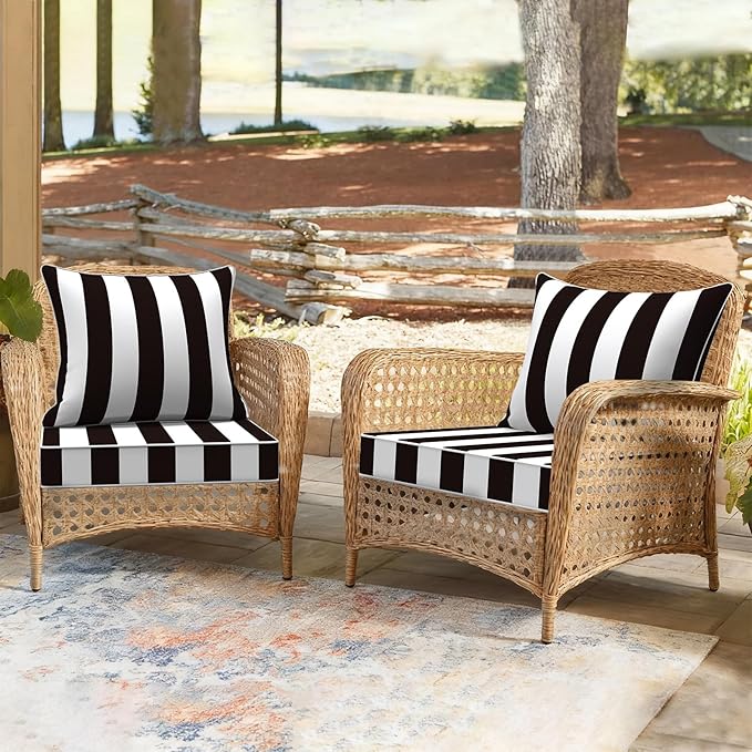 Outdoor Deep Seat Cushion Set, Water Repellent 24"x24" Patio Thick Cushions Replacement with Seat & Back Pillow for Patio Sofa, Wicker Chair, Couch - Cabana Black