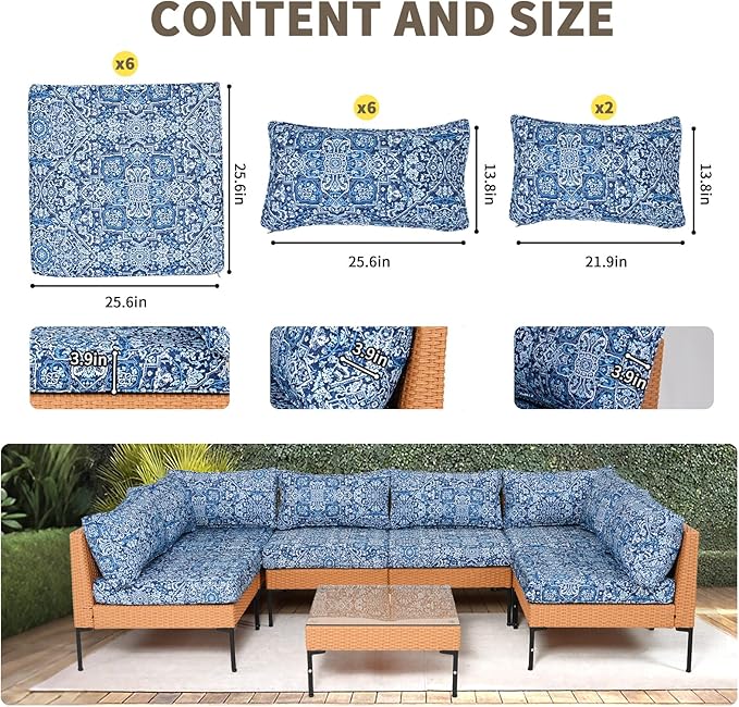 14Piece Outdoor Sofa Cushion Replacement, Patio Furniture Waterproof Cushion with Zippers, fit 6-Seat Outdoor Wicker Rattan Sectional Couch (Blue Charm, 25.6"x25.6"x3.9")