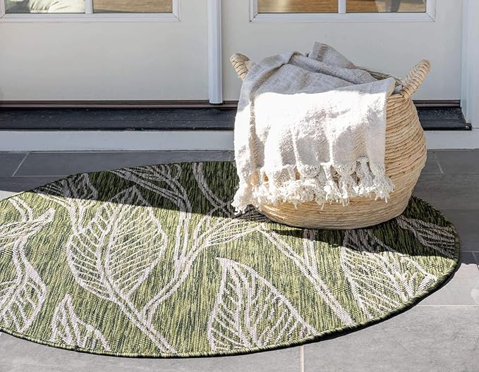 Unique Loom Outdoor Botanical Collection Area Rug - Leaf (4' 1" Round, Green/ Ivory)