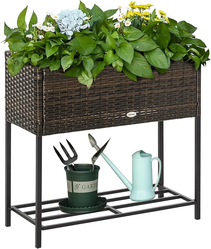 Outsunny Raised Garden Bed, Elevated Planter Box with Rattan Wicker Look, Tool Storage Shelf, Portable Design for Herbs, Vegetables, Flowers, Brown