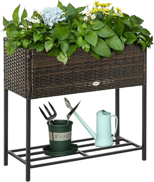 Outsunny Raised Garden Bed, Elevated Planter Box with Rattan Wicker Look, Tool Storage Shelf, Portable Design for Herbs, Vegetables, Flowers, Brown