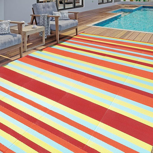 HUGEAR Outdoor Waterproof Rug 5'x8' Plastic Straw Rugs Washable Reversible Floor Mat Rainbow Stripe Carpet for Camping RV Deck Entryance Porch Picnic Balcony Beach Backyard