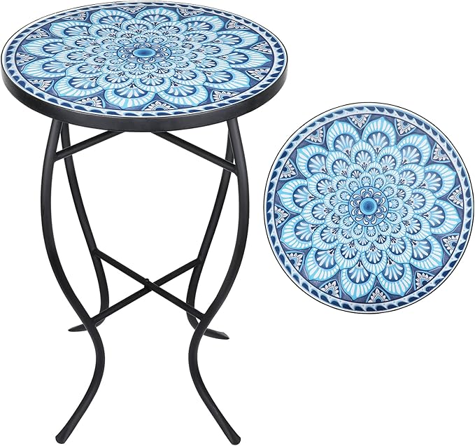 Vipush Outdoor Mosaic Side Table,14'' Round Small Patio Bistro Accent Table Indoor End Table Black Iron Plant Stand for Garden Yard Parch Balcony,Dark Blue