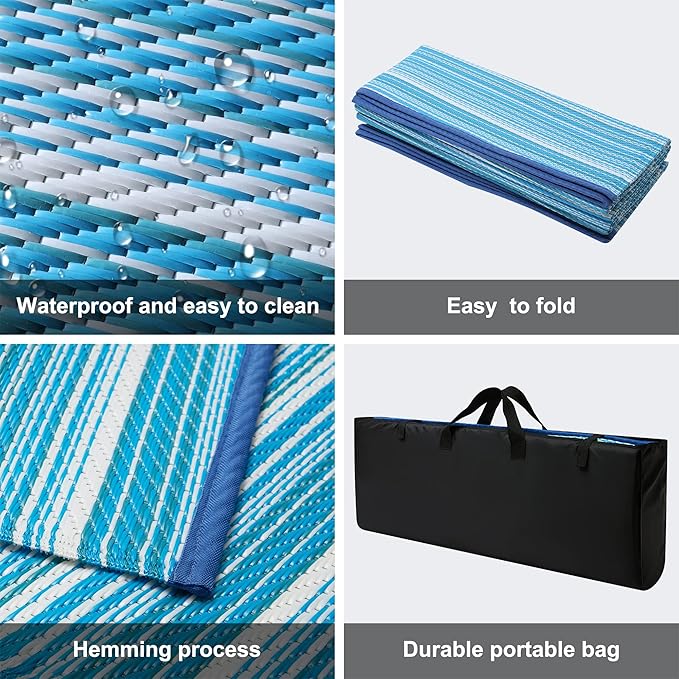 Reversible Outdoor/Indoor Plastic Rug Plastic Straw Rug Waterproof Portable Mat, Easy to Clean and Fold,Perfect for Garden, Patio, Picnic, Decking-（Blue，9x12Ft）