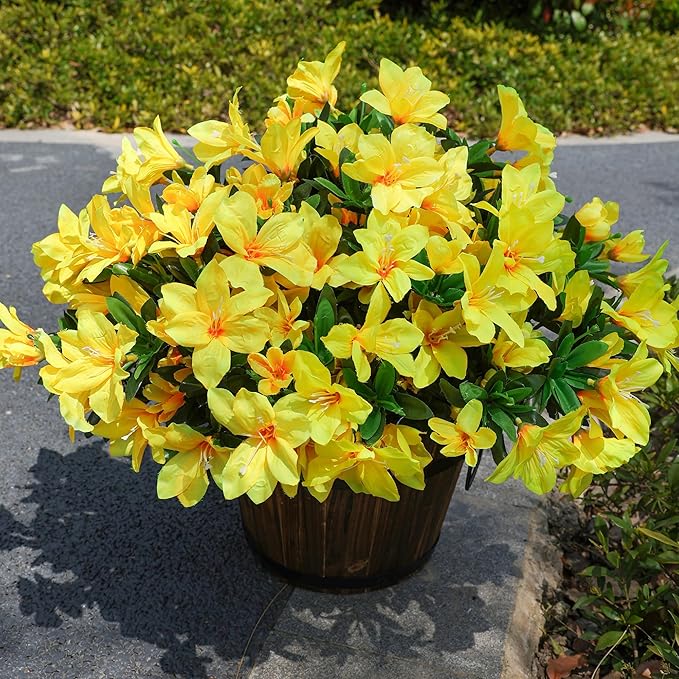 INSPRING Artificial Azalea Flowers Fake Plants for Outdoors Spring Summer Decoration, 3 Bundles UV Resistant Faux Silk Outside Flowers Look Real for Outdoor Planter Front Door Patio Garden, Yellow