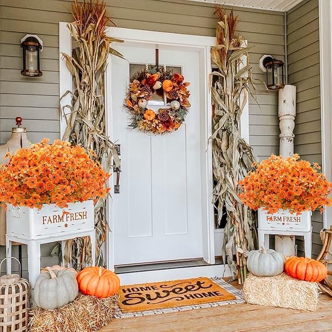 16 Bundles Artificial Fall Fake Mums for Outdoor, Autumn Faux Mums Flowers UV Resistant Plastic Greenery Garden Porch Patio Fall Thanksgiving Home Decor