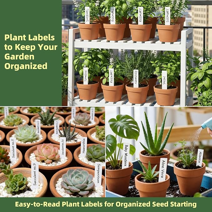 Plant Labels 250 PCS, Slim White Garden Plant Tags with Holes, PP Plastic Waterproof Labels with Permanent Marker, Jute Twine & Storage Box for Indoor & Outdoor Gardening (250PCS)