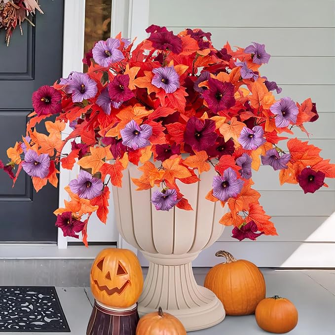 Fake Fall Flowers for Outdoor Decor 2 Pcs Artificial Flowers Fake Faux Silk Petunias Fall Plants, UV Resistant Flower for Garden Porch Patio Balcony Thankgiving Decoration (Burgundy Purple)
