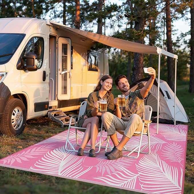 Pauwer Waterproof Outdoor Rug 8x10, Reversible Plastic Straw Patio Camping Rug, Indoor Outdoor RV Mat Carpet for Deck, Camper, Porch, Balcony, Backyard, Picnic, Leaf Pink