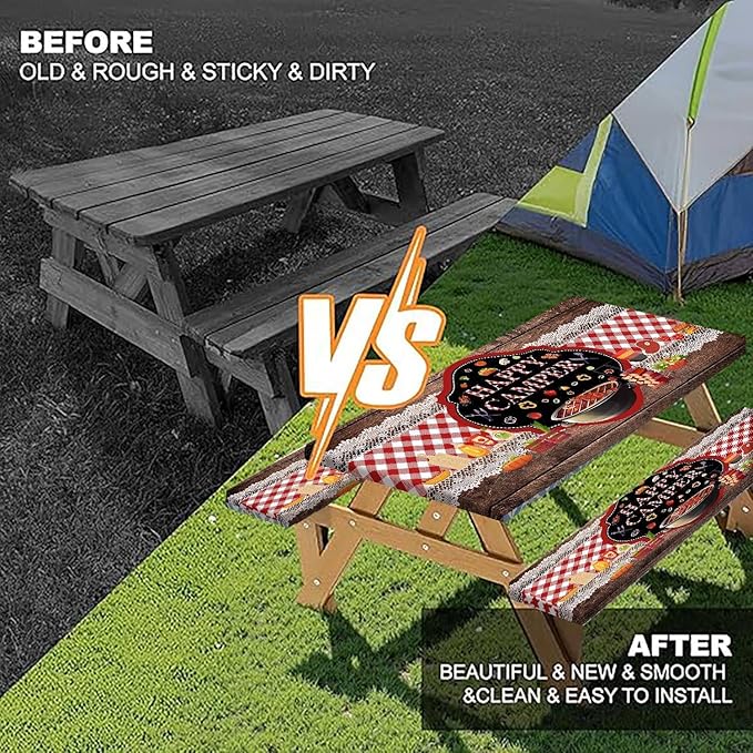 Happy Camper Picnic Table Cover with Bench Covers Elastic Edges, Wooden Red Plaid Fitted Table Cover, Outdoor Patio Camping Essentials 60 Inch 3PCS, Waterproof Fitted Tablecloth with Drawstring Bag