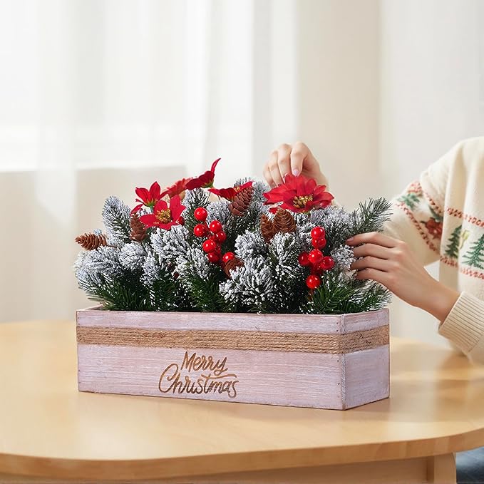 SVENJBB Christmas Table Centerpiece Decorations with Red Poinsettias, Snowy Norfolk Pine, Berries & Pine Cones in Wooden Box with “Merry-Christmas” Printing