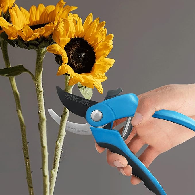 Nevlers 8" Blue Bypass Pruning Shears Heavy Duty | Ergonomic Plant Shears & Floral Scissors w/Steel Blades & Safe Lock | 8mm Cut Garden Clippers Handheld Pruning Scissors for Flower Stems & Branches