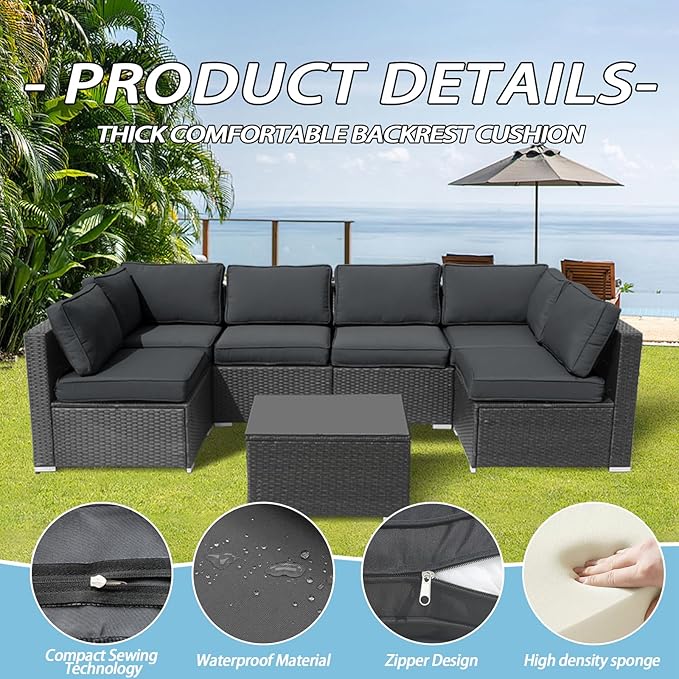 Outdoor Cushions for Patio Furniture,14Pieces Water-Resistant Replacement Cushions Fits 6-seat Sectional Rattan Conversation Set Sofa Cushion for Patio,Liner&Cover(Dark Grey)