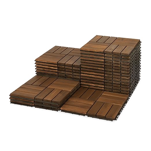 Acacia Wood Flooring Interlocking Deck Tiles for Patio Decor 27 Pcs 12 Slats VR Dark Yellow - Waterproof Indoor & Outdoor Decor - Balcony Garden Decking Tile (12.2 * 12.2 * 0.7 inches)