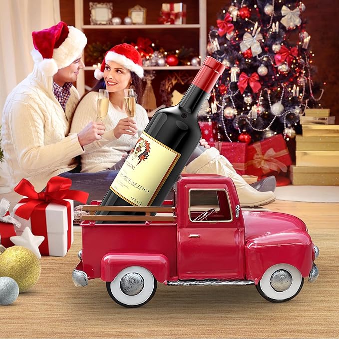 Vintage Red Metal Truck Decor, Red Truck Christmas Decor, Decorative Tabletop Storage,Farmhouse Pickup Truck Planter for Garden Home Holiday Decor