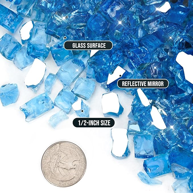 Skyflame 10-Pound Fire Glass for Fireplace Fire Pit and Landscaping, Pacific Blue Reflective, 1/2-Inch