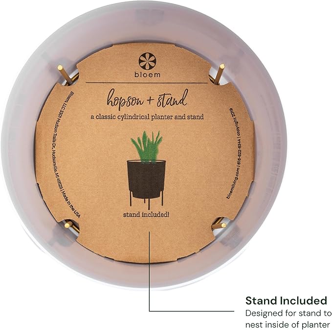 Bloem Hopson 14" Round Casper White Plastic Resin Planter with Drainage Holes and Gold Metal Stand, Made in USA