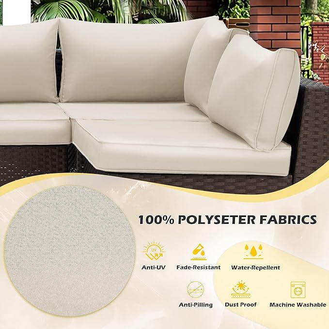 HOMREST Outdoor Replacement Cushions for Patio Furniture,Water-Repellent Sofa Cushion for 6-Seat Rattan Wicker Sectional Patio Conversation Sets,14-Piece Cushions Set for Outdoor Couch（Beige）