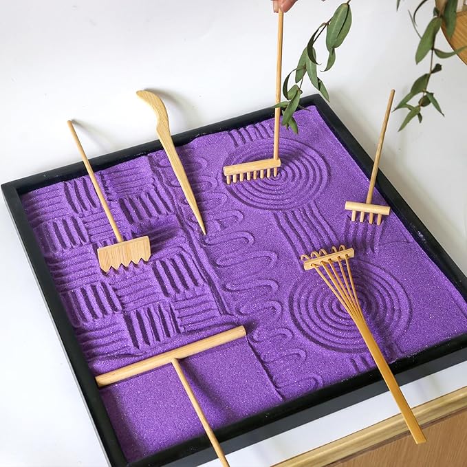 Zen Garden Rake Stamp Tools - Meditation Rock Sand Garden Accessories – Office Desktop Mini Zen Gifts for Man Women Bamboo Rakes Holder Brusher Spoon Figurines