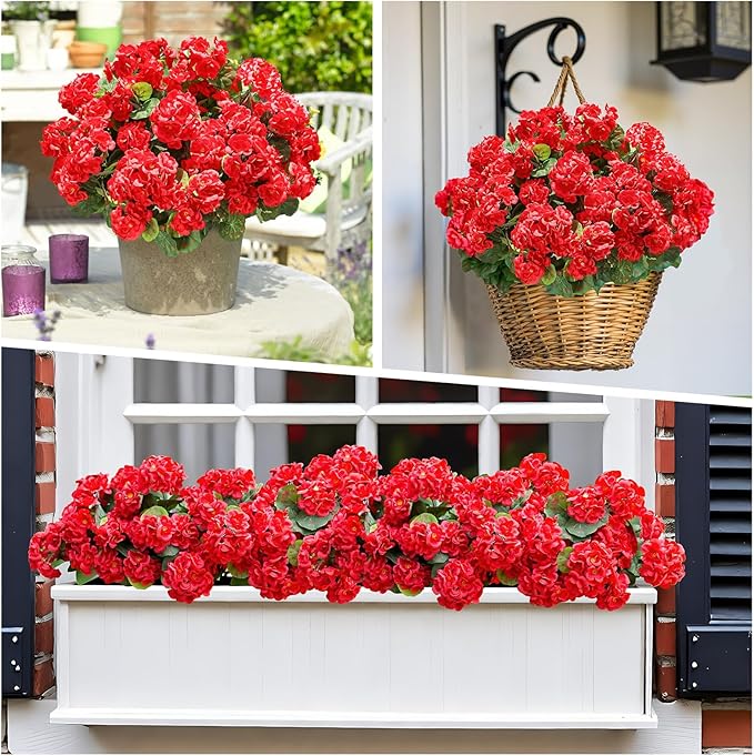 famibay Artificial Flowers for Outdoor Indoor Garden Home Decoration, 8 Bundles Silk Geraniums UV Resistant Look Real Faux Plants for Front Door Porch Planter Urn Patio Garden, Red