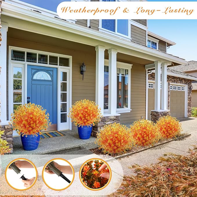 Yunlly 2 Pcs Outdoor Artificial Topiary Ball Trees 22" with Colorful Flowers, Boxwood Fake Bushes Shrubs with Spike, UV Resistant Evergreen Plants for Front Porch Garden Decor (Fall Orangeyellow)