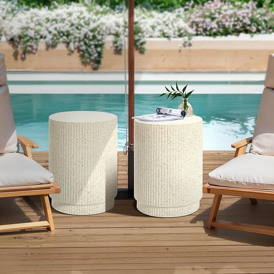 LuxenHome Cream Cement Round Outdoor Side Table, Set of 2