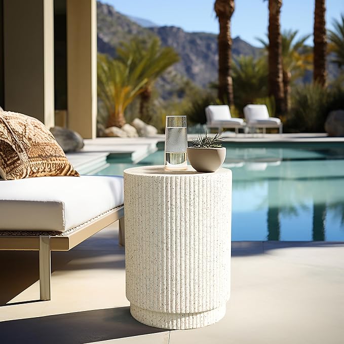 LuxenHome Cream Cement Round Outdoor Side Table, End Tables for Patio, Garden Small Accent Decorative Stool, Plant Stand Drum Table Indoor and Outdoor