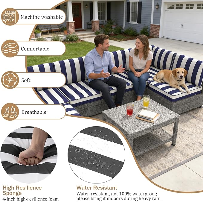 14 Pcs Outdoor Replacement Cushions for Patio Furniture, All Weather Water Resistant Cushion for 6 Seat Rattan Wicker Sectional Patio Conversation Sets and Couch (Blackstripe)