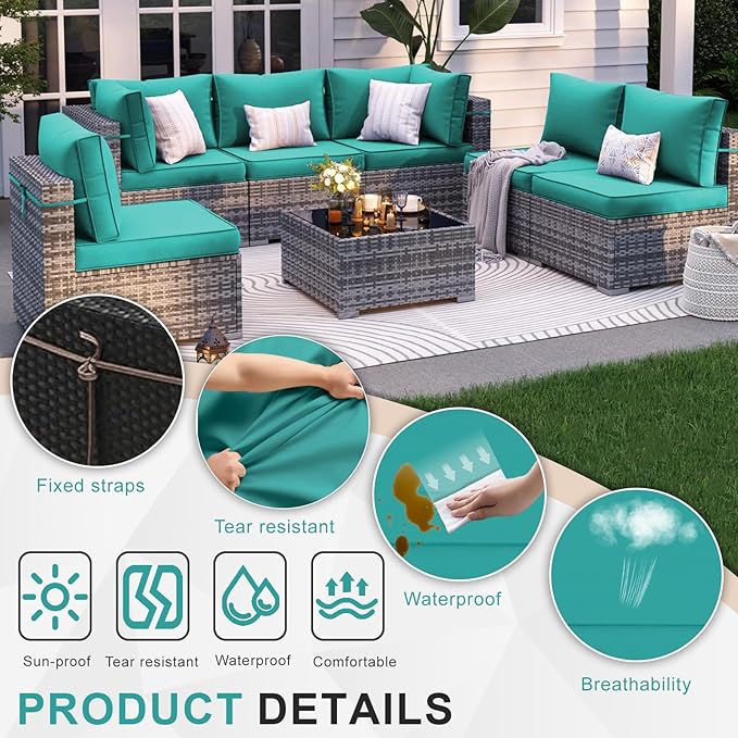 Patio Sectional Cushions, 14-Piece Replacement Cushions for Outdoor Furniture, Water-Resistant Outdoor Sofa Cushion for 6-Seat Rattan Wicker Sectional Conversation Sets (Turquoise)