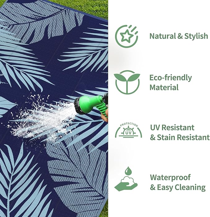 GENIMO Outdoor Rug 9' x 12' Waterproof for Patios Clearance, Reversible Outdoor Plastic Straw Camping Rug Carpet, Large Area Rugs Mats for RV, Camper, Deck, Balcony, Porch, Beach, Navy Blue&Baby Blue