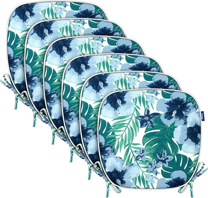 SleepMan Outdoor 17"x16" Chair Cushions with Ties Set of 6, Water Resistant All Weather U-Shape Seat Pads for Patio Garden Furniture Indoor Fade Resistant Patio Cushions (Blue Flower)