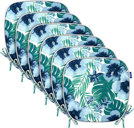 SleepMan Outdoor 17"x16" Chair Cushions with Ties Set of 6, Water Resistant All Weather U-Shape Seat Pads for Patio Garden Furniture Indoor Fade Resistant Patio Cushions (Blue Flower)