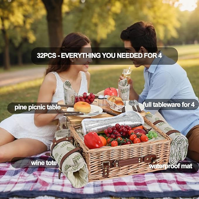 Multifunctional Wicker Picnic Basket Set for 4 with Blanket and Picnic Table, Insulated Picnic Set with Full Tablewares for Camping Outdoor Couples,Leaf