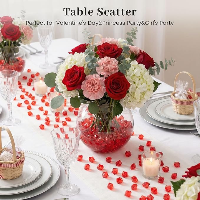 DomeStar Red Fake Ice Rocks, 150PCS Acrylic Gems Crystals Plastic Diamonds Centerpiece for Vase Fillers Wedding Party Table Scatter Valentine s Day Decorations