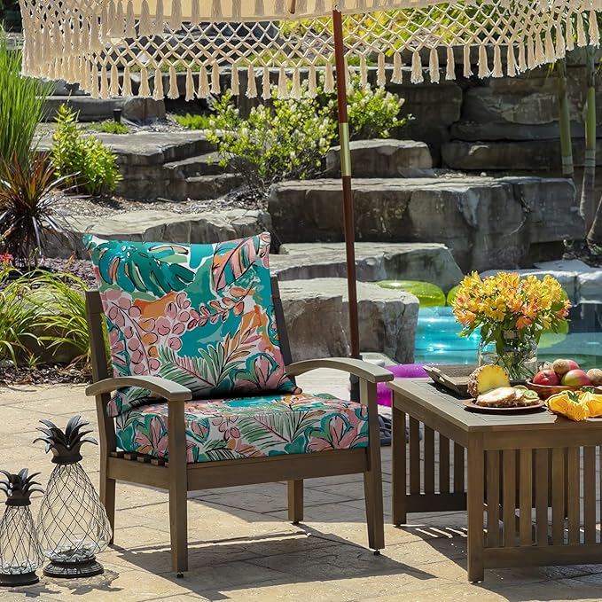 All Smiles Waterproof Outdoor Seat Cushions for Patio Furniture Set of 19x19 Inch for Replacement Cushions with Removable Cover for Chair Yard Garden Deck，Pink and Teal