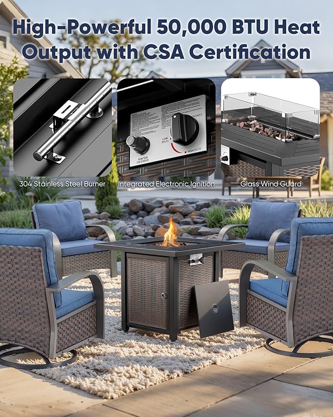HUMMUH Patio Furniture Set with Fire Pit Table-Patio Chairs Set of 4 Outdoor Wicker Chairs for Deck Porch Garden Poolside Backyard-Brown/Blue