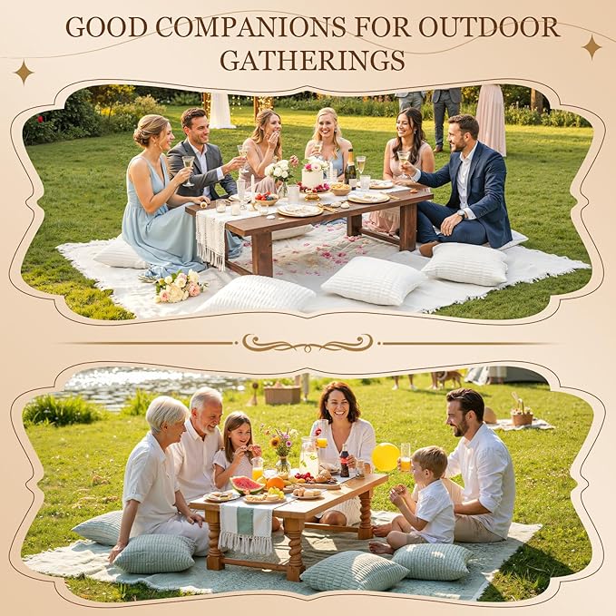 Extra Large Outdoor Boho Picnic Blanket with Table Runner and 6 Throw Pillows Covers for Outdoor Essentials Beach Accessories Garden Party Decoration Patio Park Lawn Grass Ground Festival Mat Beige XL