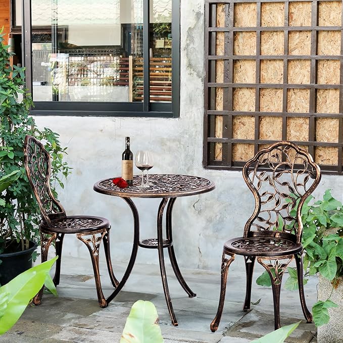 Outvita Patio Table and Chairs Set, Cast Aluminum Outdoor Cafe Table and Chairs Set of 3, Stability Patio Bistro Sets for Garden, Patio, Balcony, Leaf Pattern Bronze