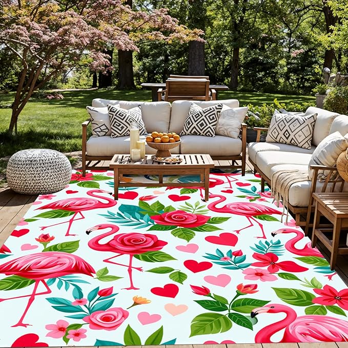 Romantic Flamingo Outdoor Rug 2x6 Pink Blue Green Tropical Floral Outside Rugs for Patio Porch Balcony Deck Waterproof Soft Carpet with Rose and Heart Print Washable RV Camping Garden Mat