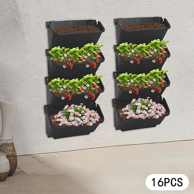 Eapmic Vertical Wall Planter with 16 Pots, Hanging Garden Plant Flowerpot Holder, Stackable Wall-Mounted Planter, Balcony Planters for Flowers Vegetables Fruits (Black, 16 Pots)