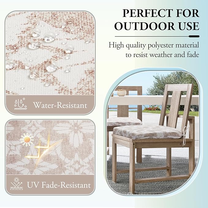 Wellsin Outdoor Chair Cushions for Patio Furniture - Patio Chair Cushions Set of 4 - Water Resistant Round Corner Outdoor Seat Cushions 17"X16"X2", Flower Beige
