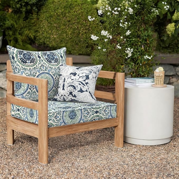 Outdoor Deep Seat Cushion Set, Water Repellent 24"x24" Patio Thick Cushions Replacement with Seat & Back Pillow for Patio Sofa, Wicker Chair, Couch - Wreath Blue