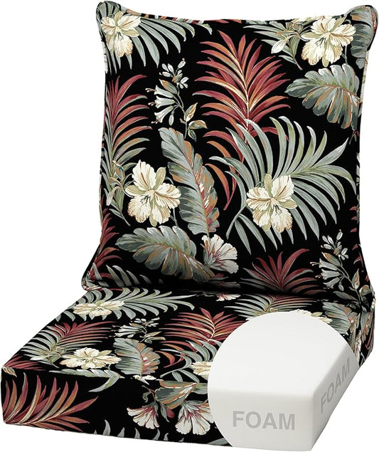 Arden Outdoor Foam Deep Seat Cushion Set, 22 in x 24 in, Weather-Proof, Rain-Proof, Fade Resistant Patio Cushion, Bottom and Back Cushion for Chair, Sofa, and Couch Simone Black Tropical