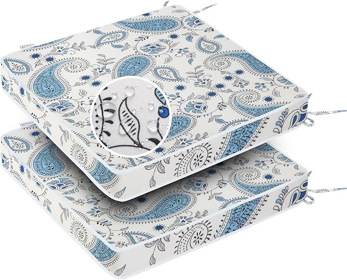 GUEGLSA Patio Seat Cushions 18 inch,Waterproof Square Chair Pad with Ties,18''x18'' Indoor Outdoor Chair Cushion for Garden Furniture,Set of 2,Blue Paisley