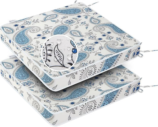 GUEGLSA Patio Seat Cushions 18 inch,Waterproof Square Chair Pad with Ties,18''x18'' Indoor Outdoor Chair Cushion for Garden Furniture,Set of 2,Blue Paisley