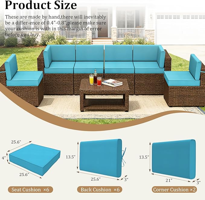 14 Pcs Outdoor Replacement Cushions for Patio Furniture, All Weather Water Resistant Cushion for 6 Seat Rattan Wicker Sectional Patio Conversation Sets and Couch (Lake Blue)