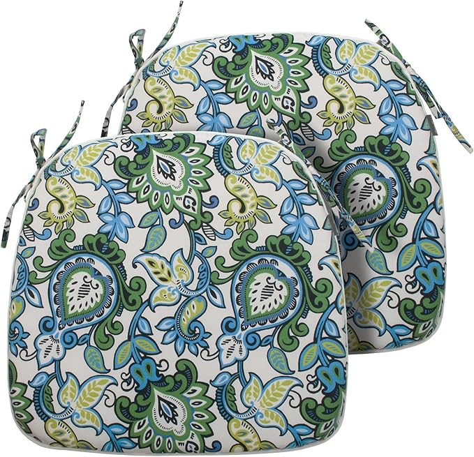 Magpie Fabrics Outdoor/Indoor 17"x16"x2" Chair Cushions with Ties Set of 2, Waterproof All Weather U-Shape Seat Pads Decoration for Patio Garden Furniture Home Office (Botanical Blue Green)
