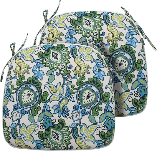 Magpie Fabrics Outdoor/Indoor 17"x16"x2" Chair Cushions with Ties Set of 2, Waterproof All Weather U-Shape Seat Pads Decoration for Patio Garden Furniture Home Office (Botanical Blue Green)